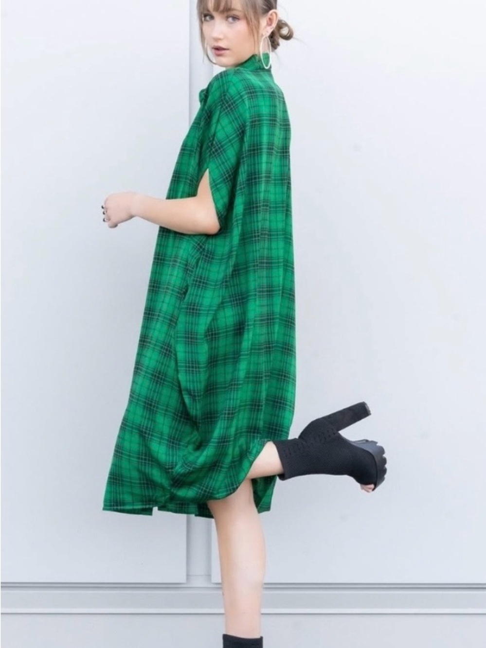 Kate Hewko Plaid Oversized Cocoon Shirt Dress Green Black One Size OS